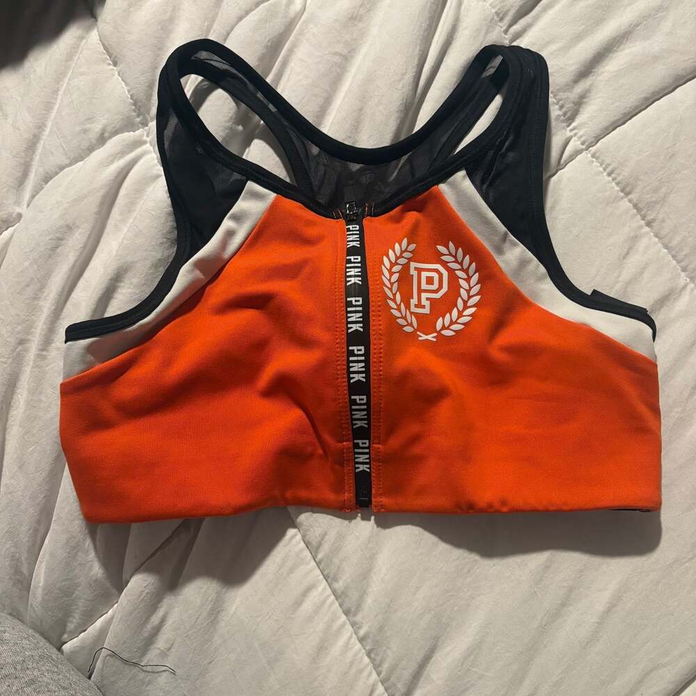Victoria's Secret PINK Zip-Front Mesh Racerback Sports Bra, Orange/Black, Size M
